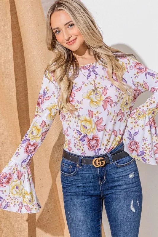 And The Why Floral Printed Bell Sleeve Casual Top in Mustard Mauve, view 4