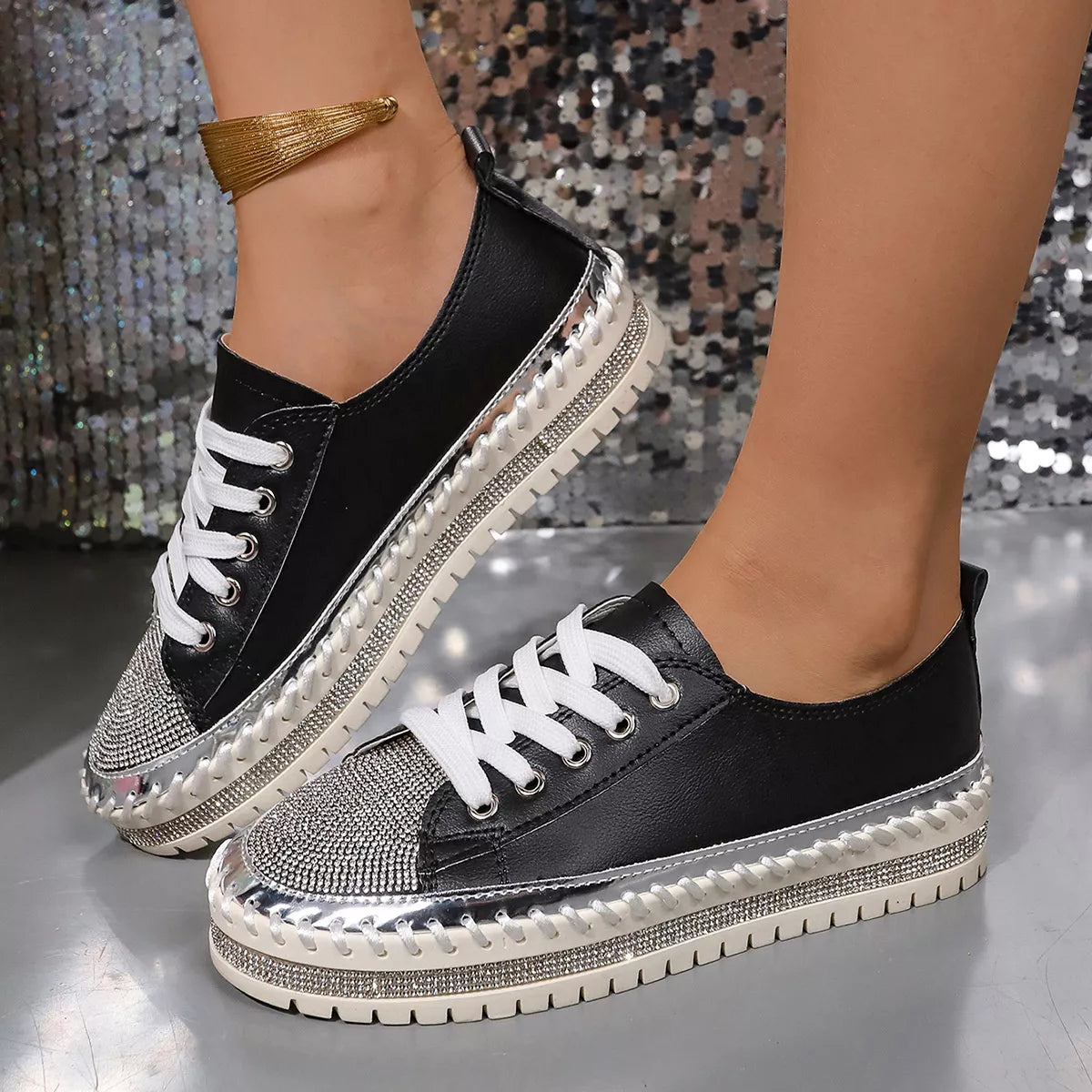 Rhinestone Round Toe Sneakers - Lilixa.store