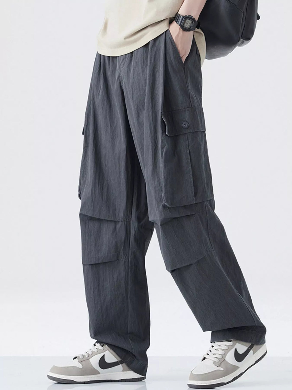 Men's Drawstring Wide Leg Cargo Pants in Dark Gray
