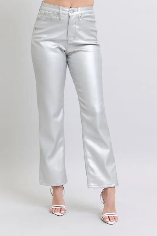 Judy Blue Full Size High Waist Silver Faux Leather Pants Plus Size - Lilixa.store