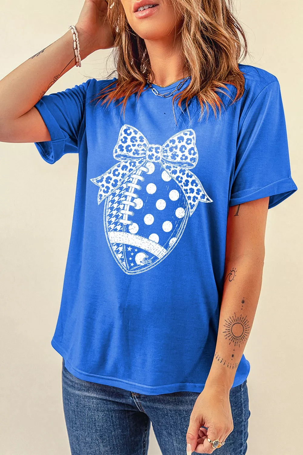 Leopard Bow Polka Dot Football Graphic Game Day T Shirt - Lilixa.store