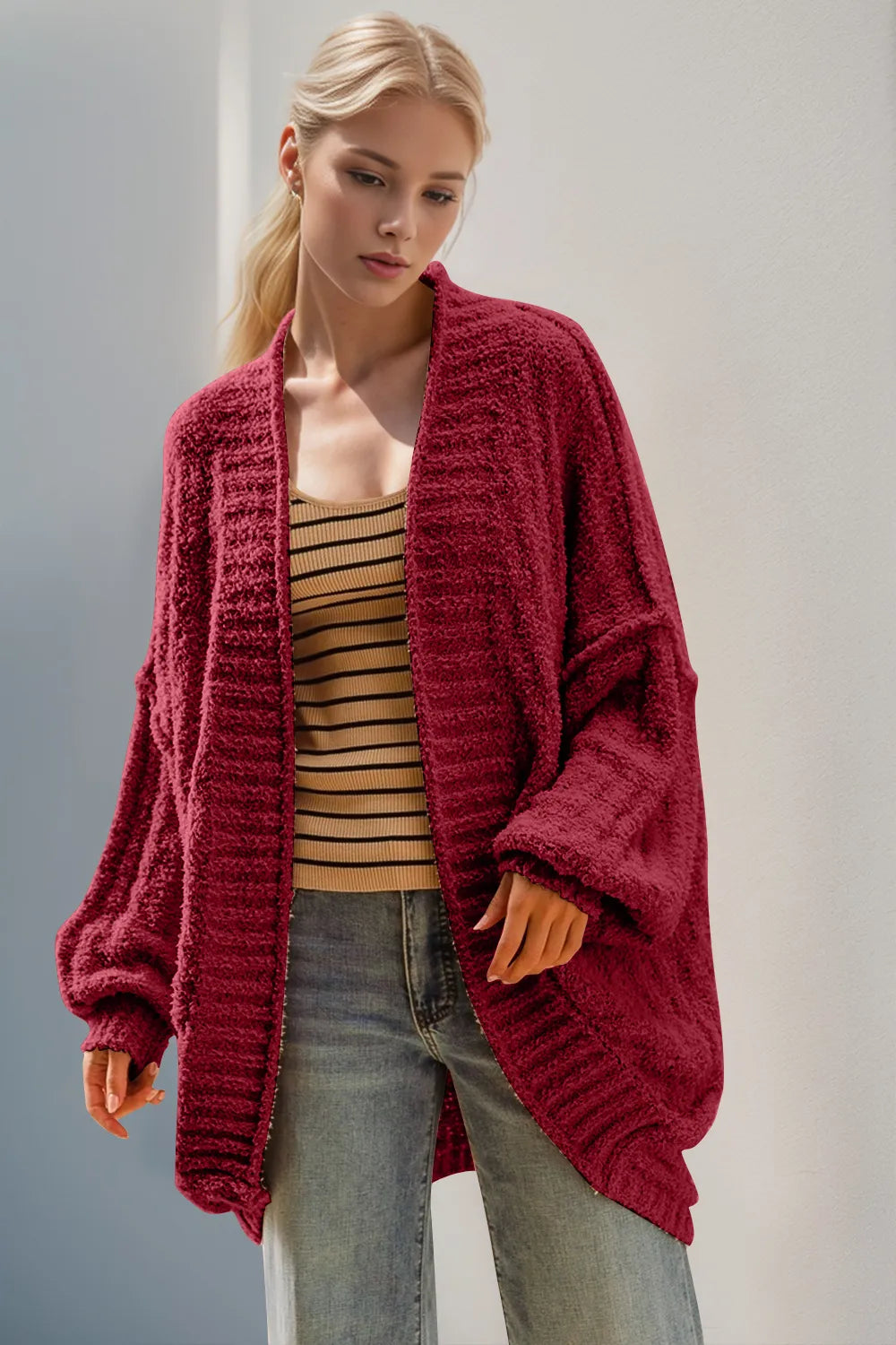 Double Take Full Size Open Front Long Sleeve Cardigan in Deep Red