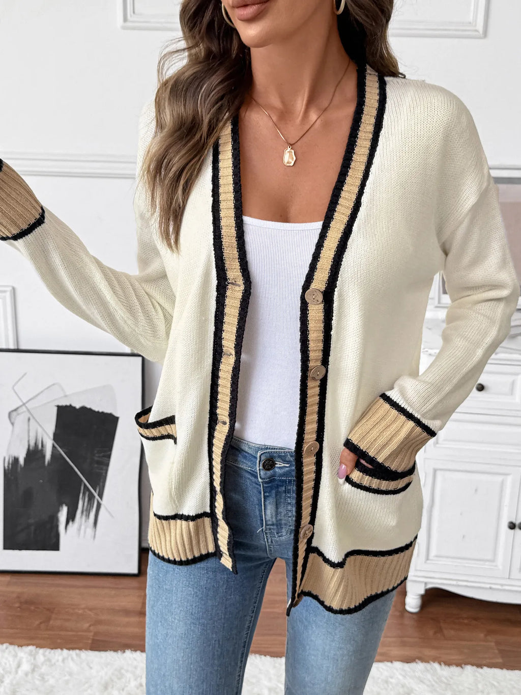Contrast Trim Button Up Knit Cardigan - Lilixa.store