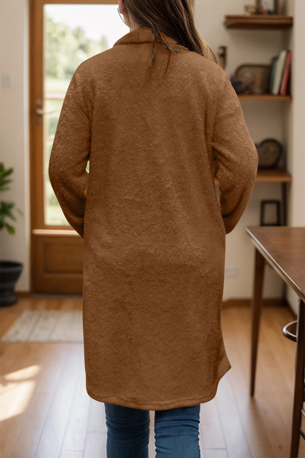 Full Size One Button Long Sleeve Longline Plush Coat - Lilixa.store