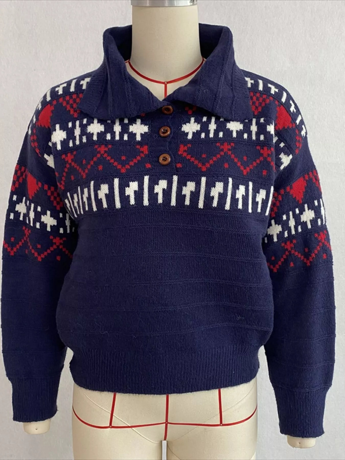 Vintage-Inspired Fair Isle Patterned Polo Sweater, view 21