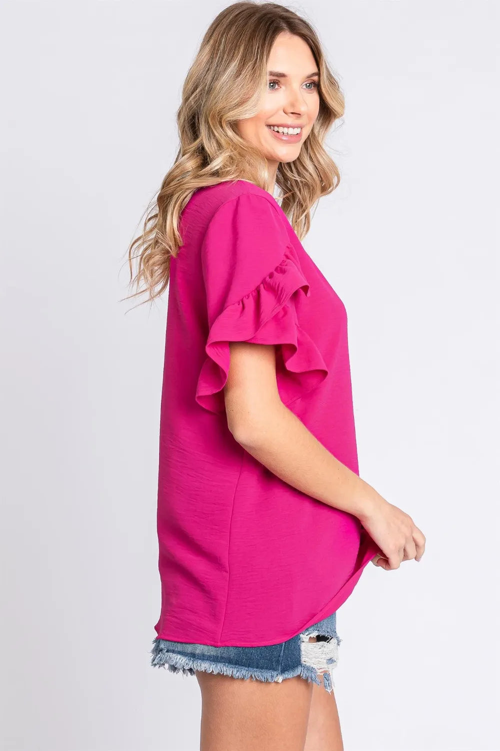 GeeGee V-Neck Ruffle Trim Short Sleeve Blouse - Lilixa.store