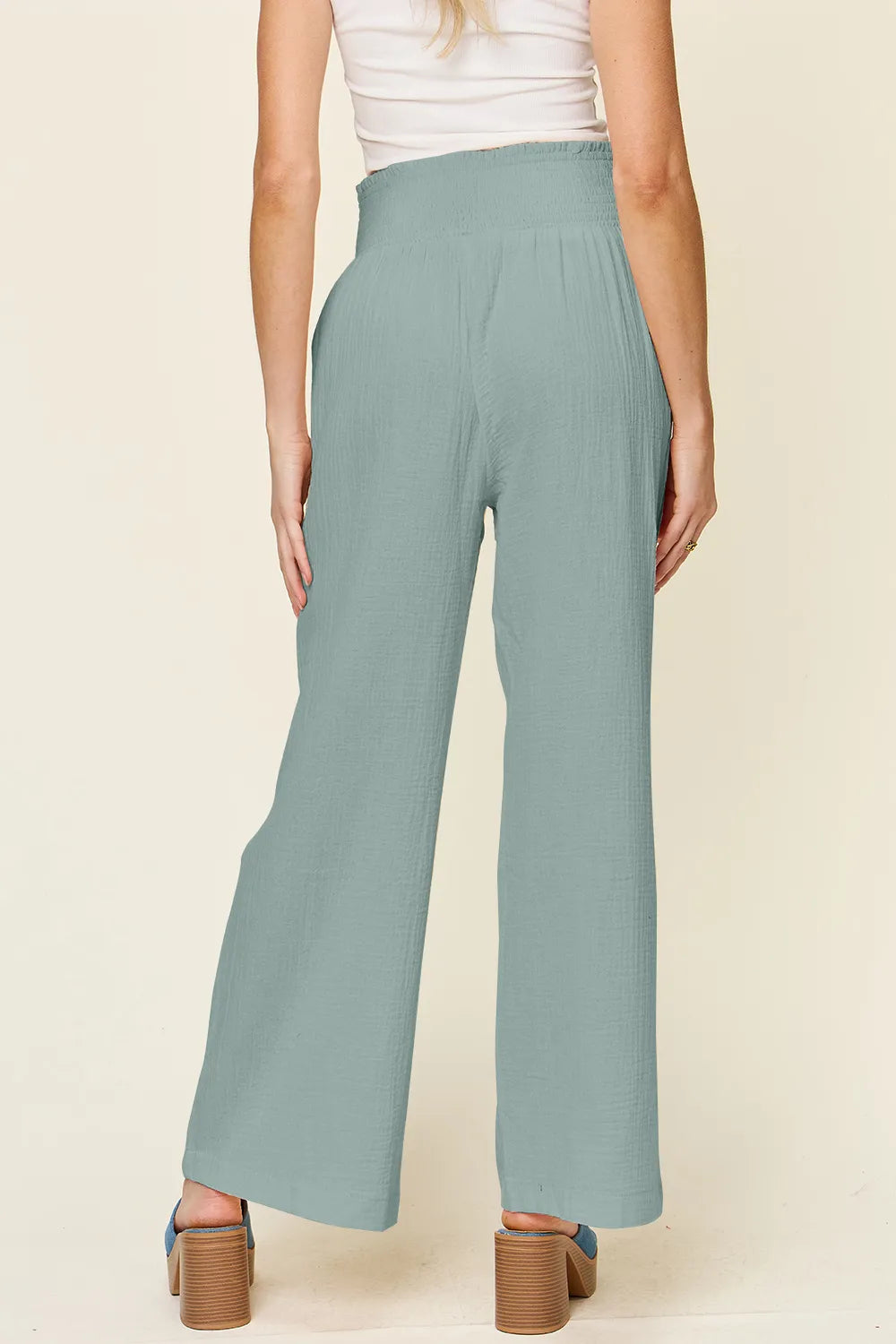 Double Take Full Size Texture Smocked Waist Wide Leg Pants - Lilixa.store