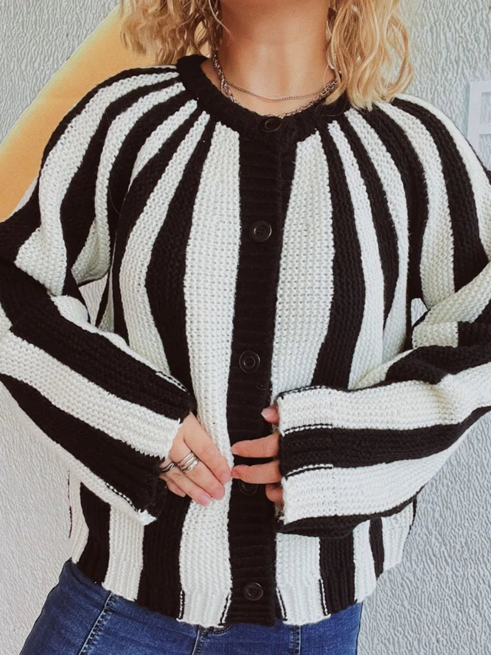 Contrast Stripes Button Down Long Sleeve Cardigan - Lilixa.store
