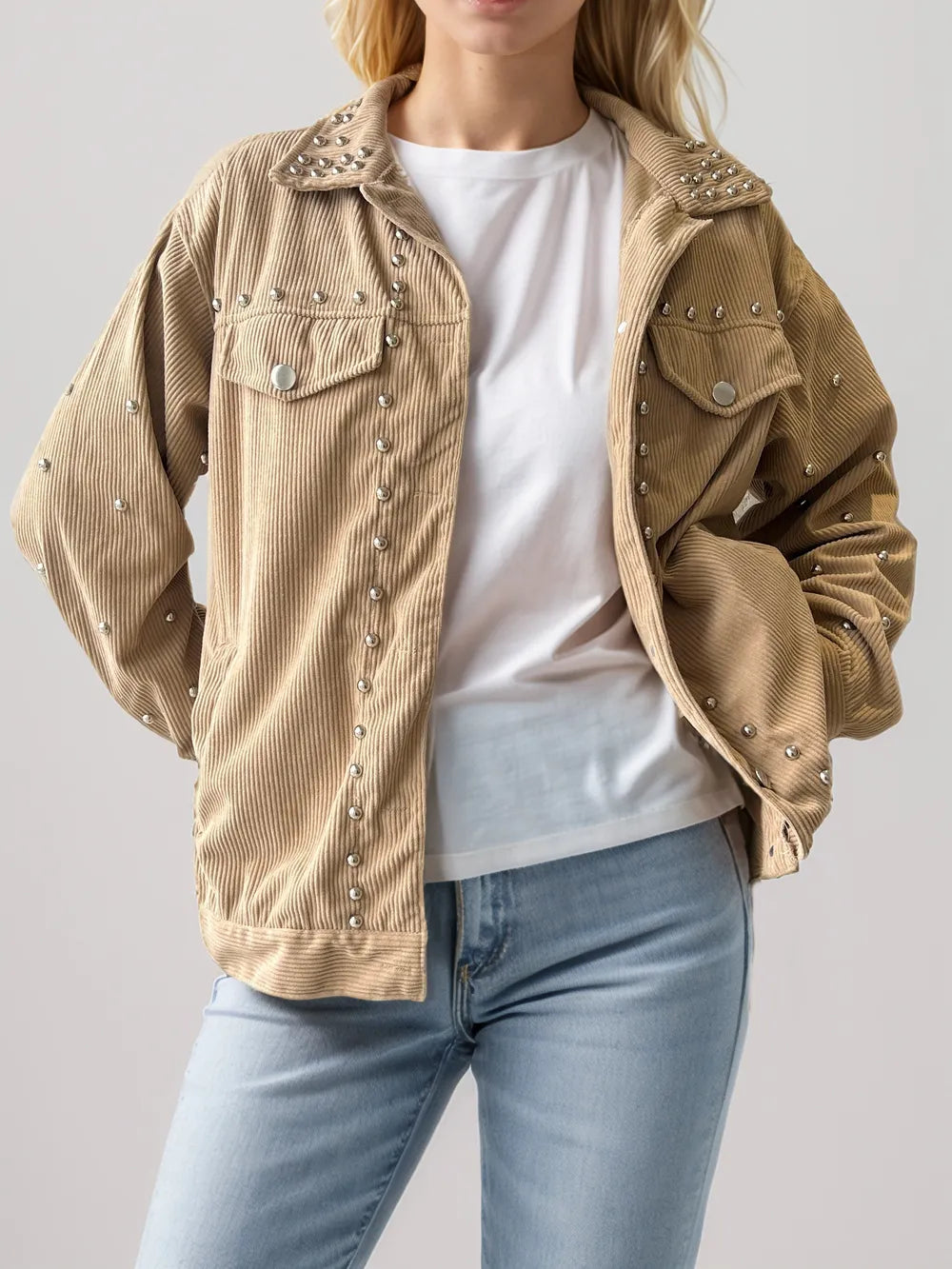 Studded Collared Neck Button Up Jacket - Lilixa.store