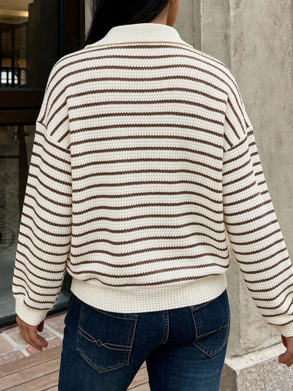 Striped Polo Collar Knit Sweatshirt - Lilixa.store