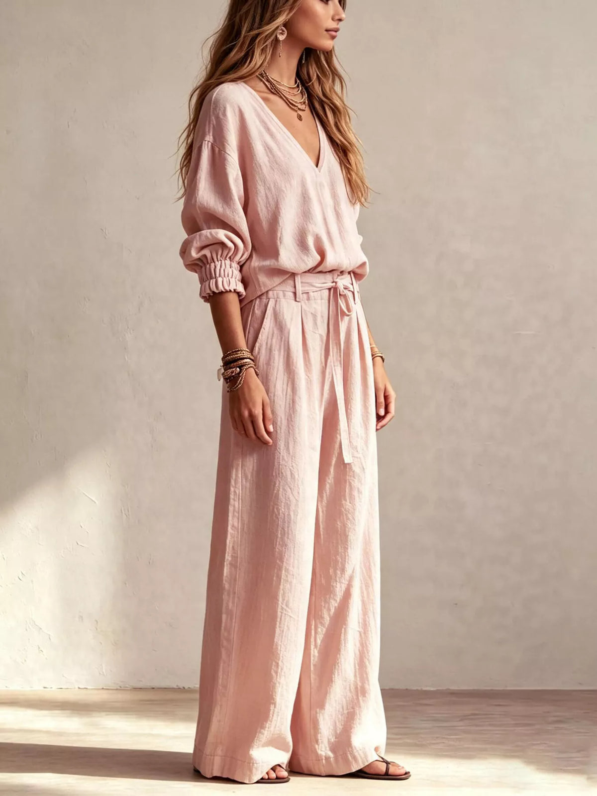 V-Neck Top and Wide-Leg Pants Set in Pink, view 3