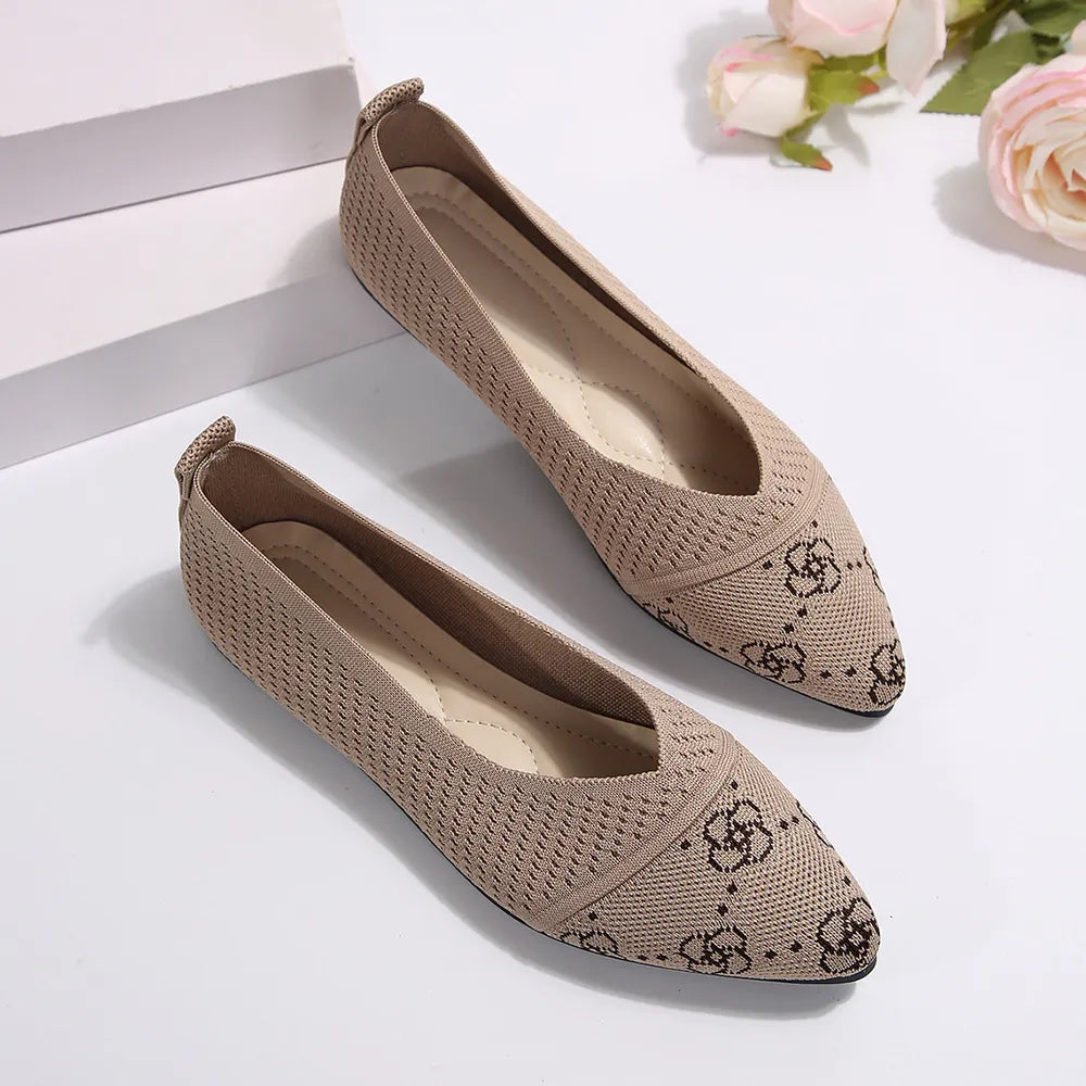 Point Toe Mesh Flat Slip-Ons in Khaki