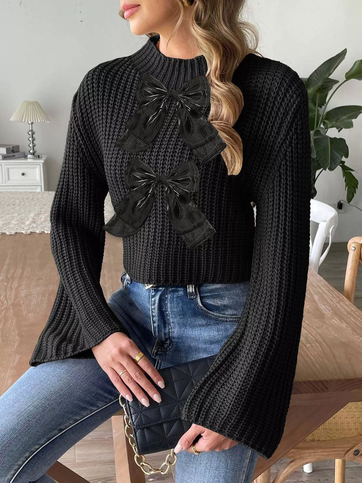 Bow-Decorated Mock Neck Cropped Sweater - Lilixa.store