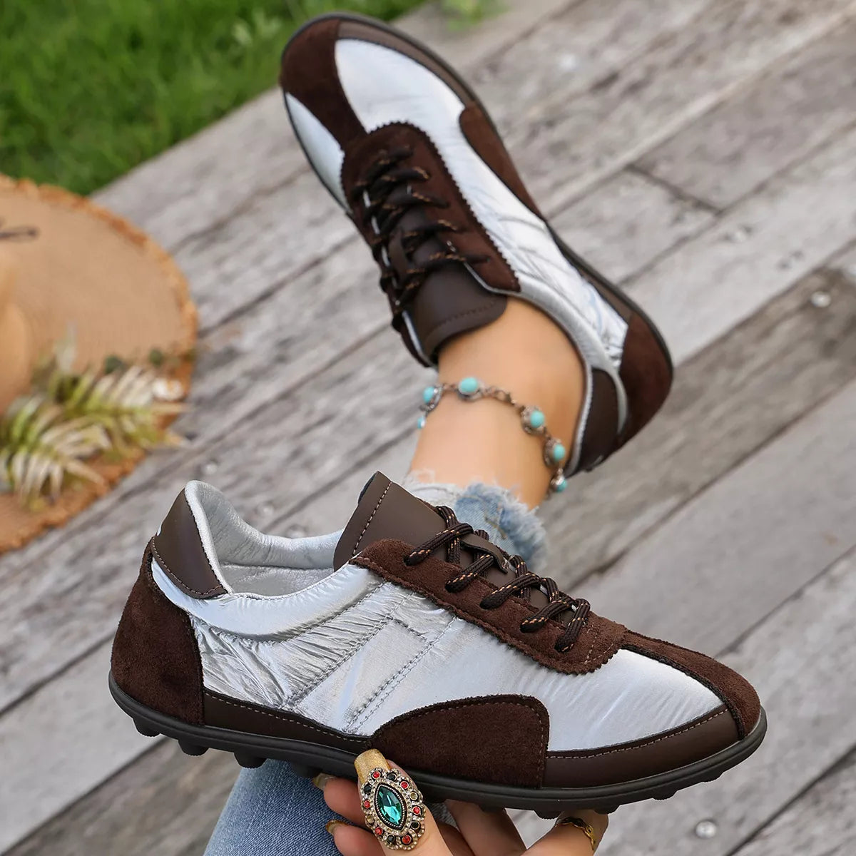 Casual Color-Block Suede and Metallic Texture Sneakers, view 3