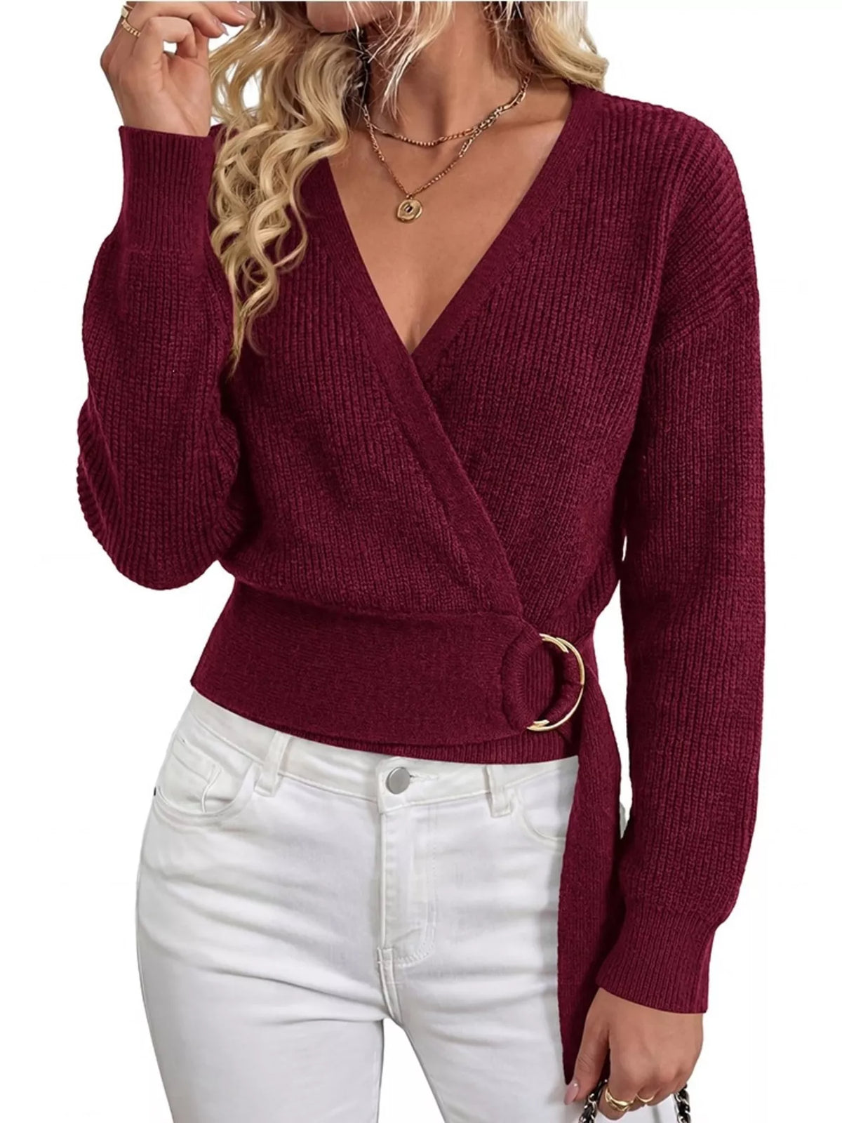 Metal Ring Detail Dropped Shoulder Sweater - Lilixa.store