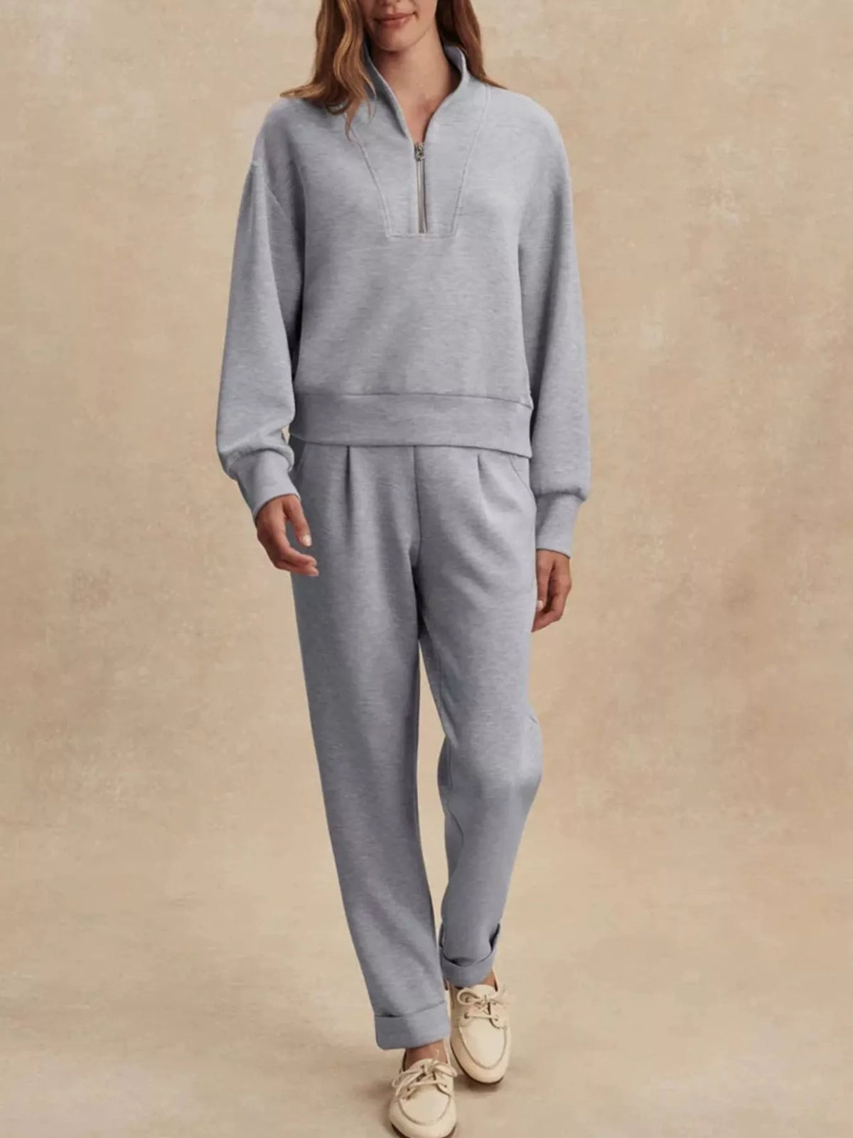 Quarter-Zip Sweatshirt and Wide-Leg Pants Set - Lilixa.store