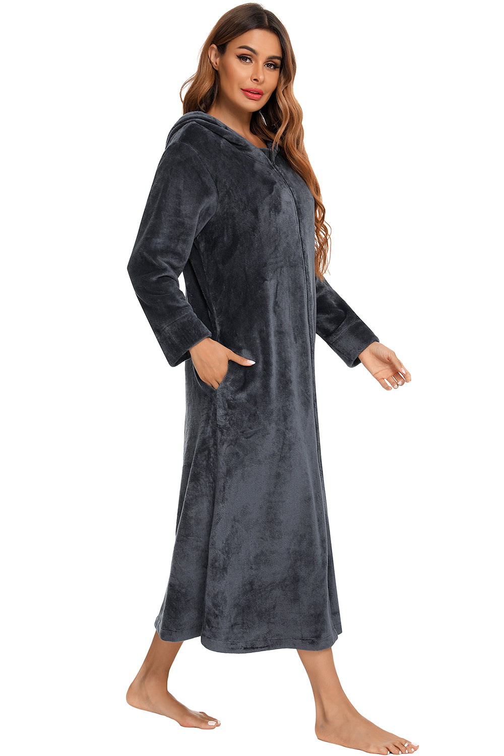Zip Front Hooded Night Dress with Pockets - Lilixa.store