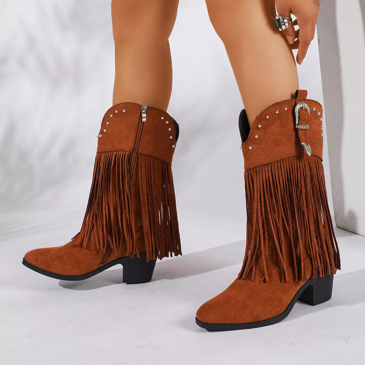 Fringe Round Toe Block Heels Boots - Lilixa.store