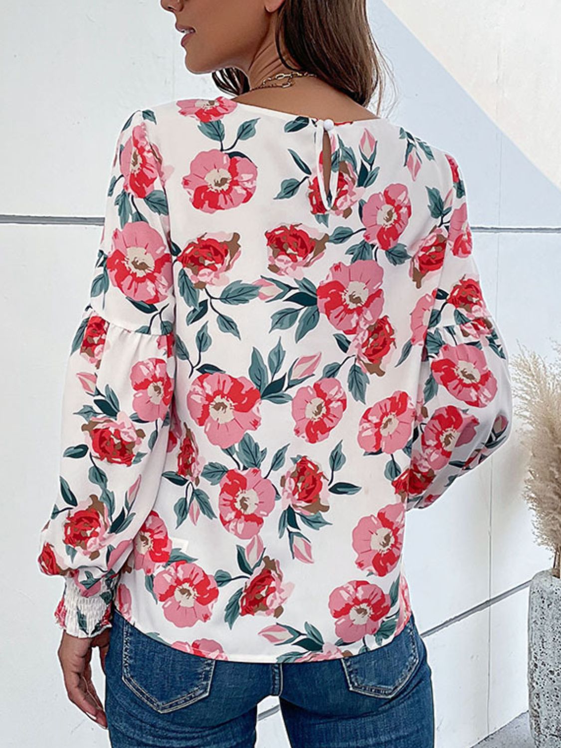 Perfee Floral Long Puff Sleeve Round Neck Blouse, view 2