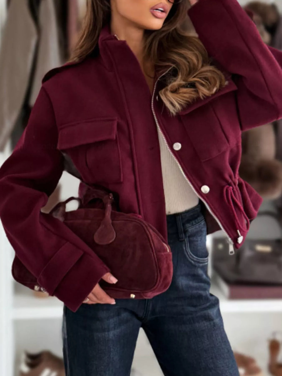 Drawstring Button-Up Casual Jacket in Wine Red