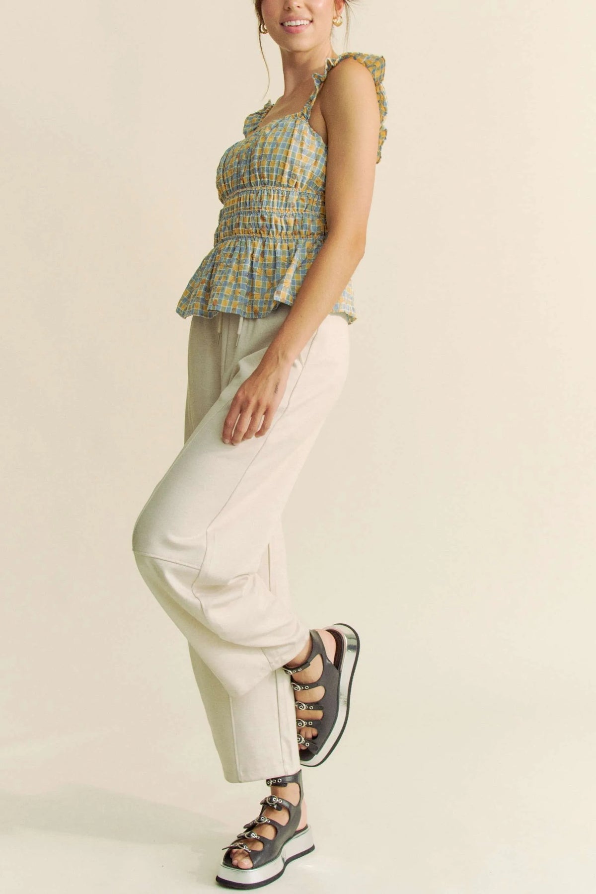 Davi & Dani Plaid Ruffled Strap Smocked Sleeveless Top - Lilixa.store