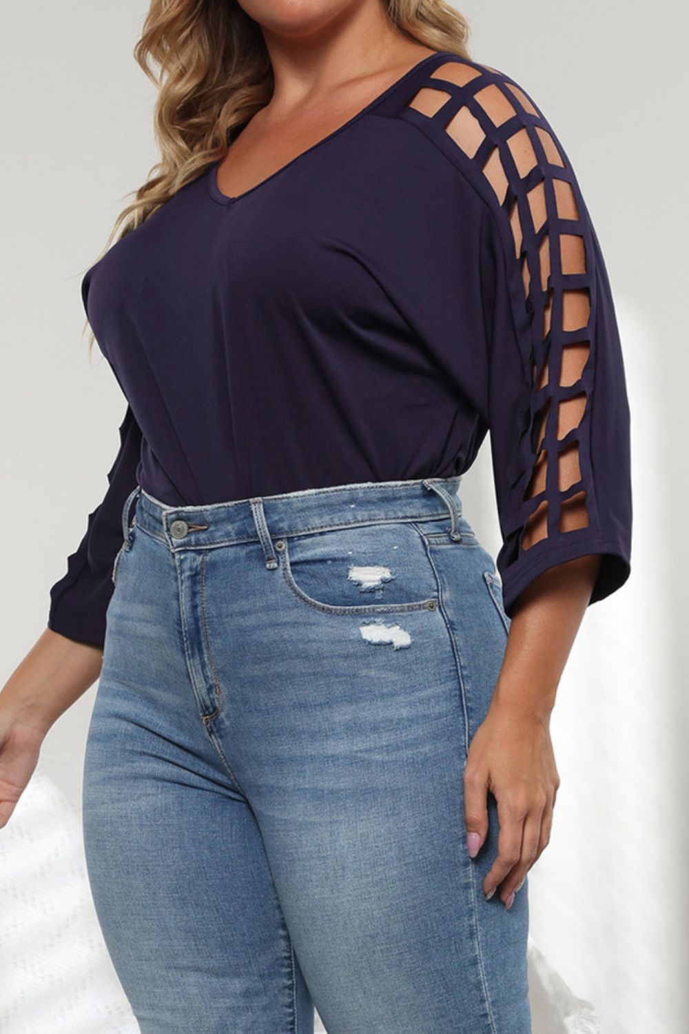 Plus Size Cutout Three-Quarter Sleeve Blouse, view 3