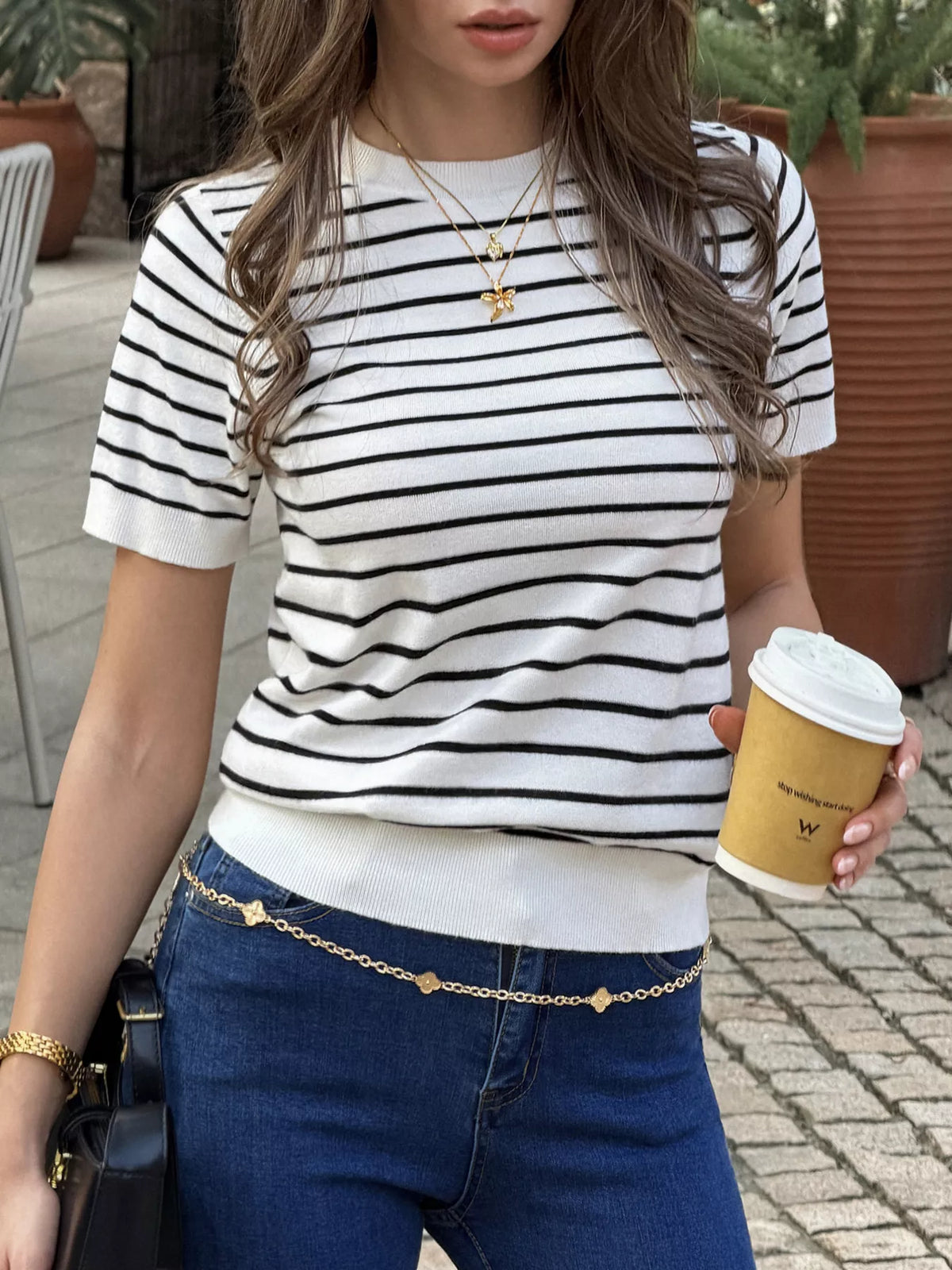 Striped Short-Sleeve Knit Top - Lilixa.store