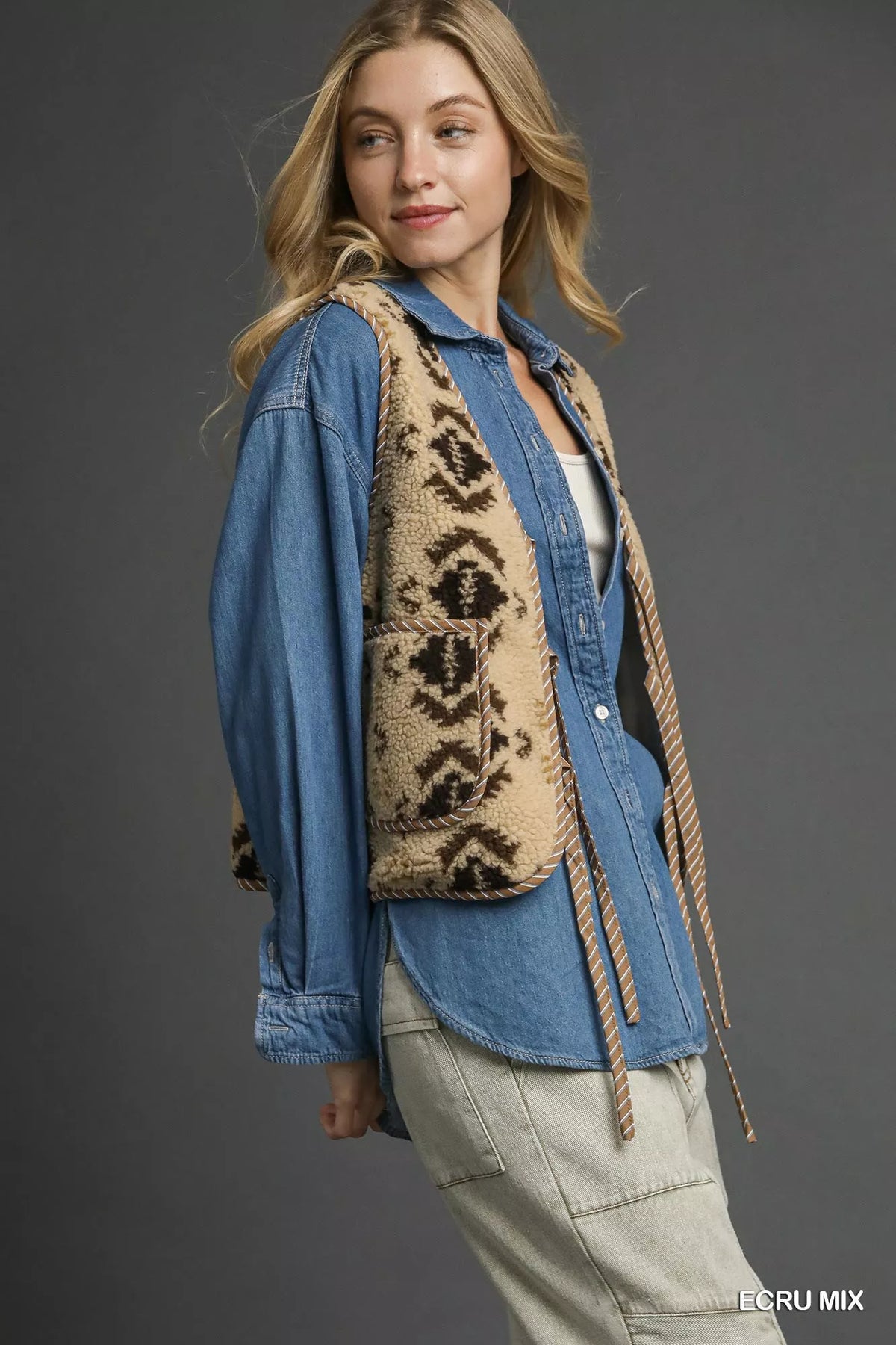 Umgee Mix Patterned Sherpa Tie-Front Vest - Lilixa.store
