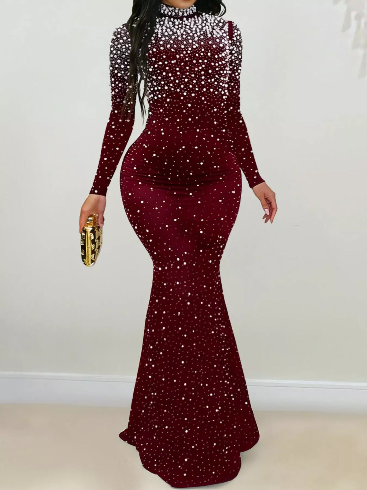Rhinestone Long Sleeve Mermaid Maxi Dress - Lilixa.store