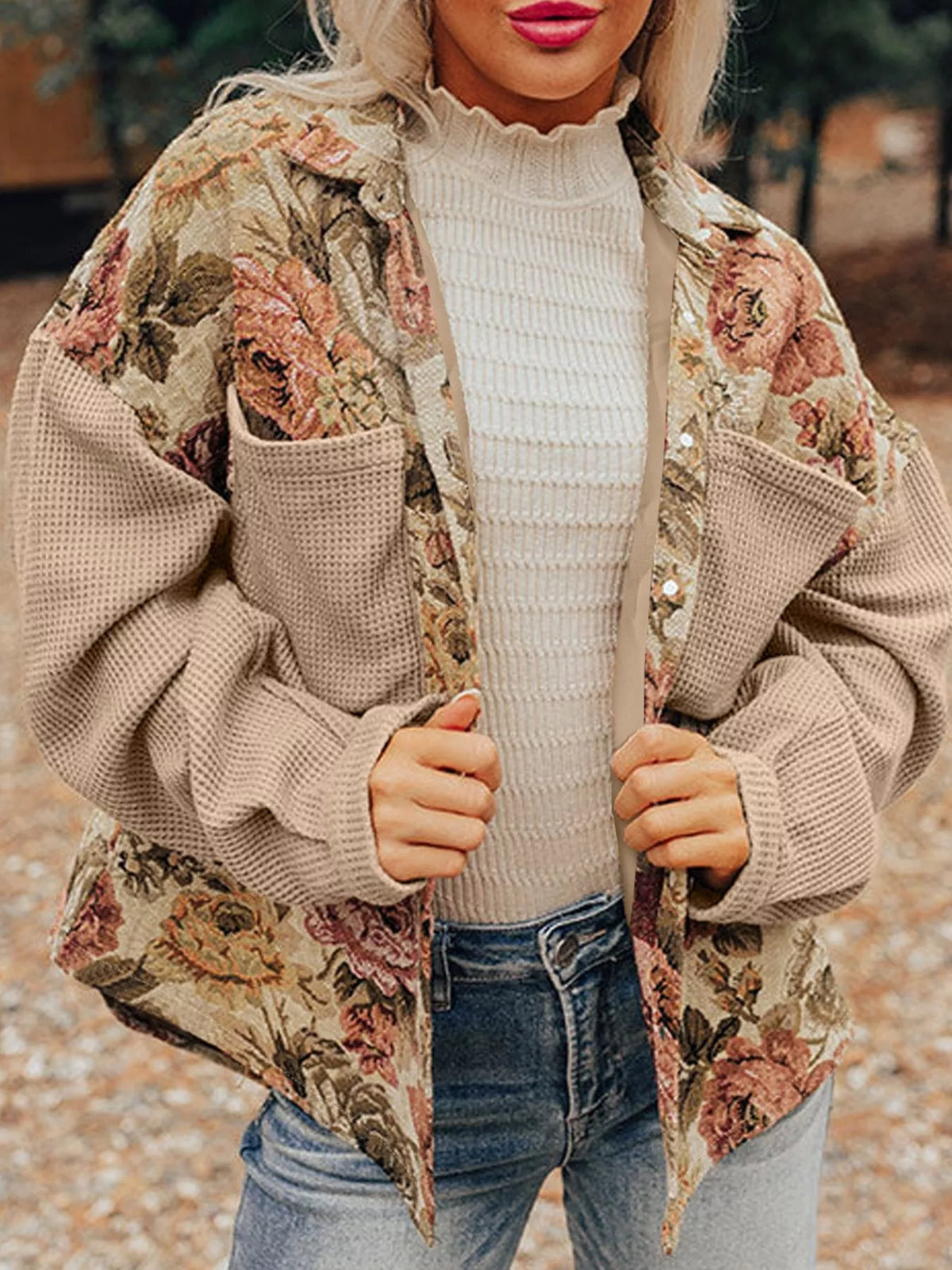 Floral Waffle Knit Patchwork Chest Pockets Buttoned Jacket in Tan