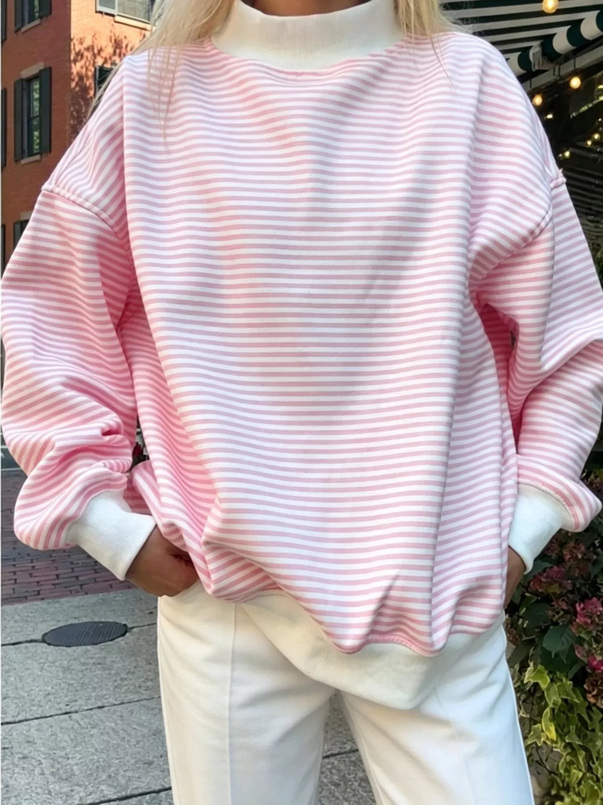 Oversized Striped Crew Neck Sweatshirt in Pink