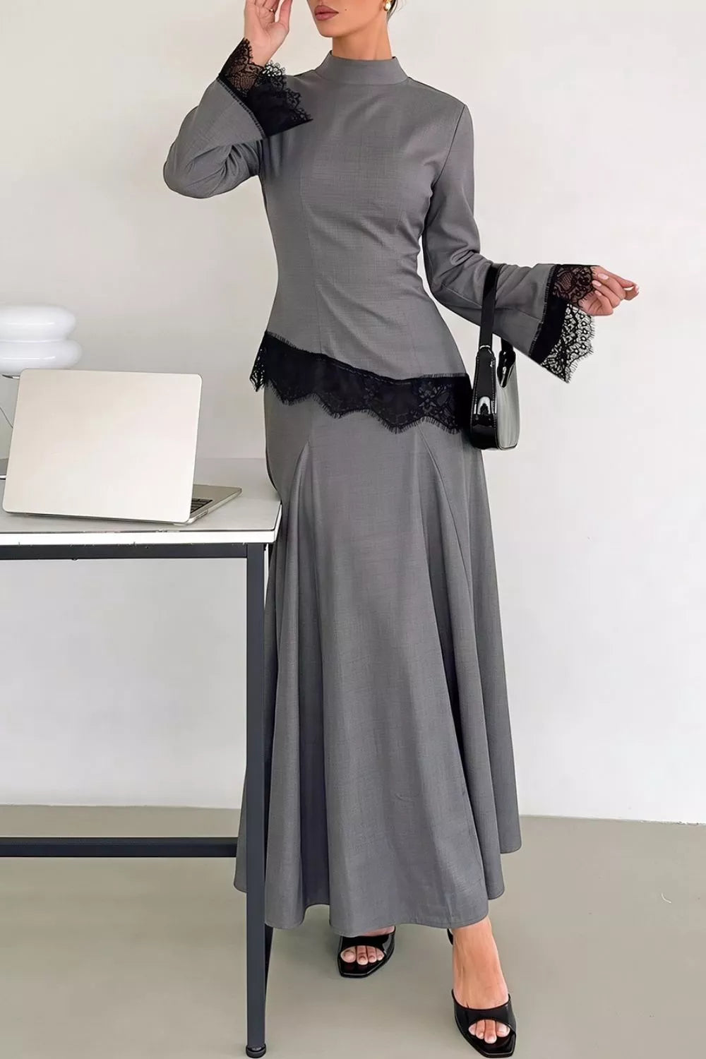 Lace Detail Mock Neck Top and Skirt Set - Lilixa.store