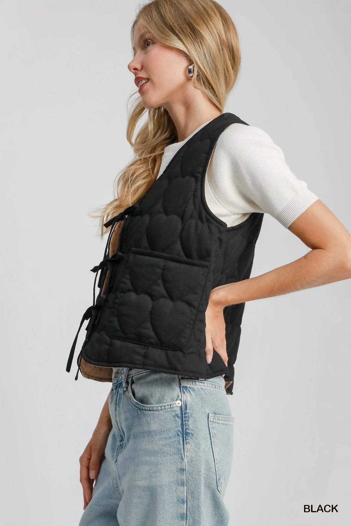 Umgee Heart Quilted Tie-Front Vest in Black, view 2