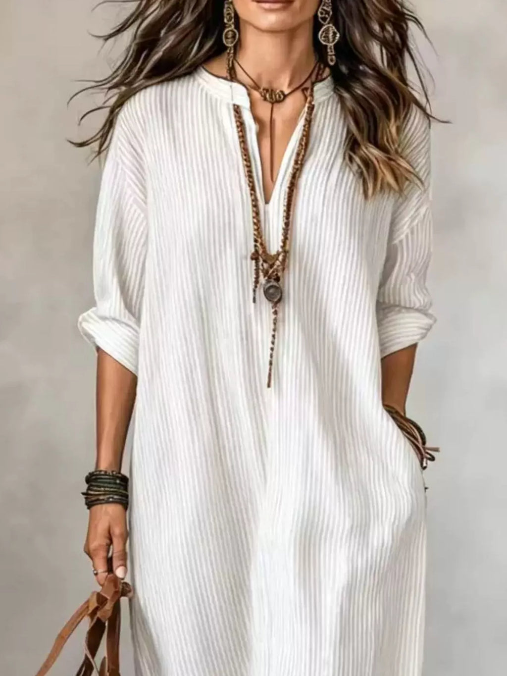 Full Size Striped Notched Maxi Dress with Pockets Plus Size - Lilixa.store