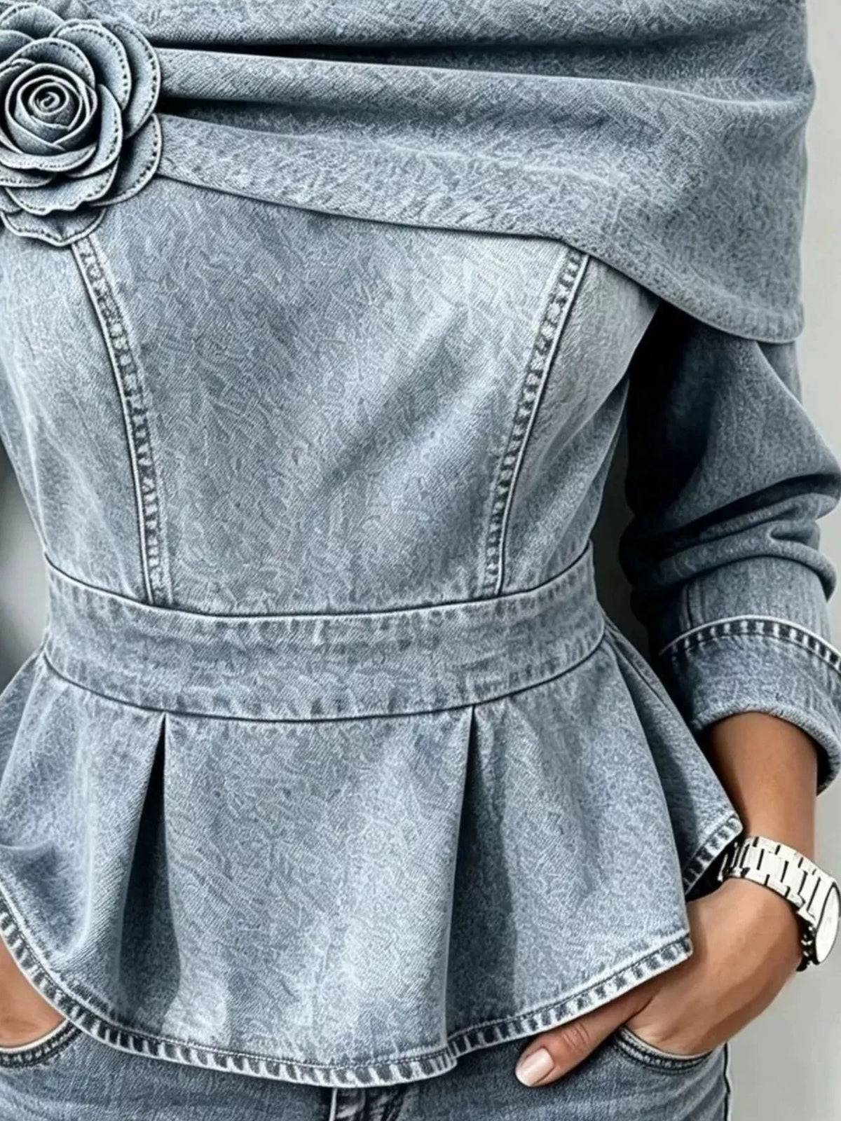 Full Size Off-Shoulder Floral Denim Look Top Plus Size