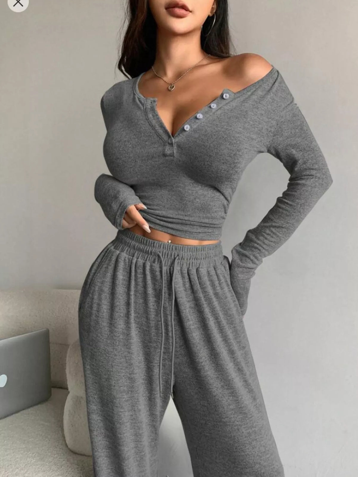 Button Detail Long Sleeve Top and Wide-Leg Pants Set