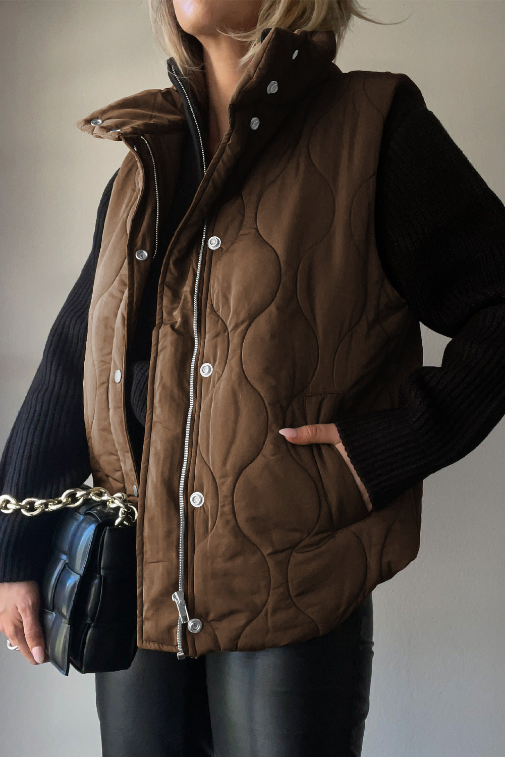 Collared Neck Vest with Pockets in Taupe