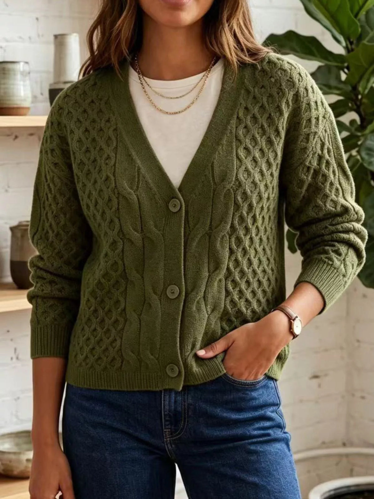 Cable-Knit V-Neck Button-Down Cardigan in Army Green