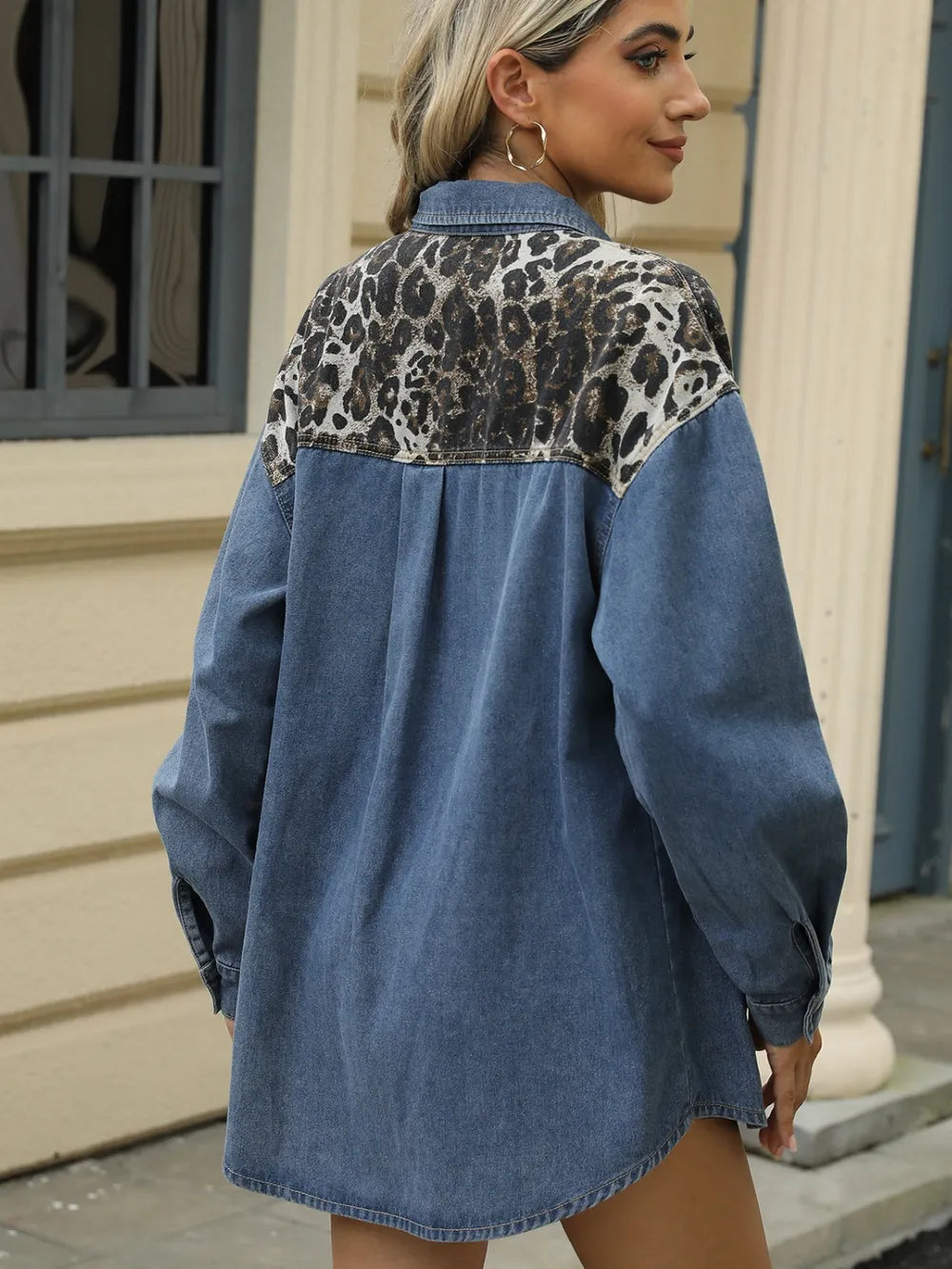 Leopard Button Up Long Sleeve Denim Jacket in Dusty Blue, view 2
