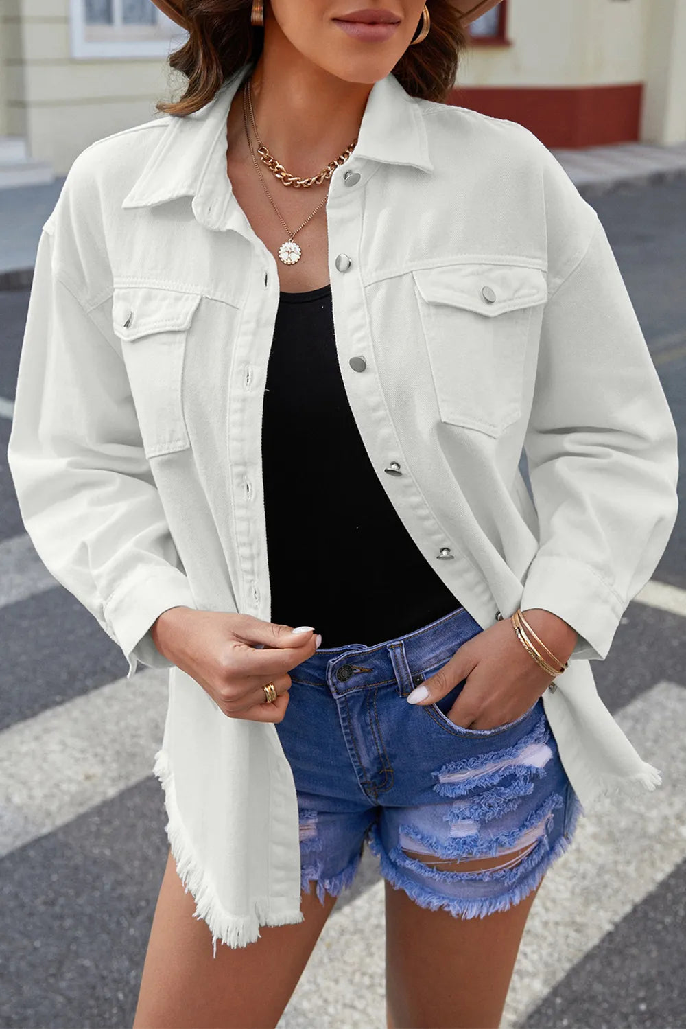 Button Up Pocketed Raw Hem Denim Jacket in White