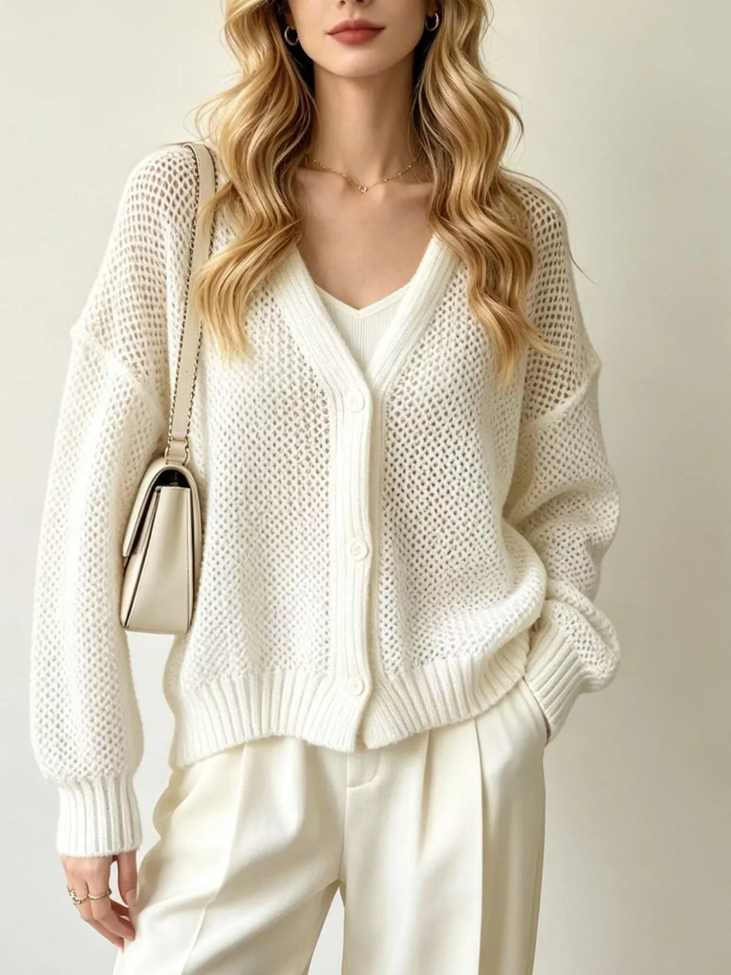 V-Neck Open-Knit Button-Down Cardigan - Lilixa.store