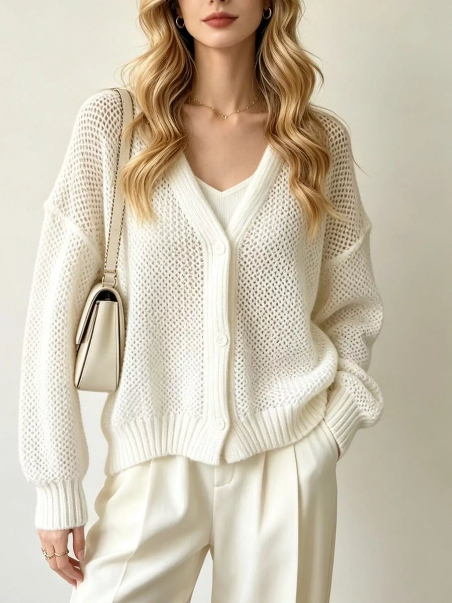 V-Neck Open-Knit Button-Down Cardigan