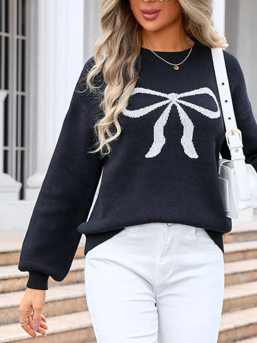 Angel Wings Bow Graphic Round Neck Long Sleeve Sweater - Lilixa.store