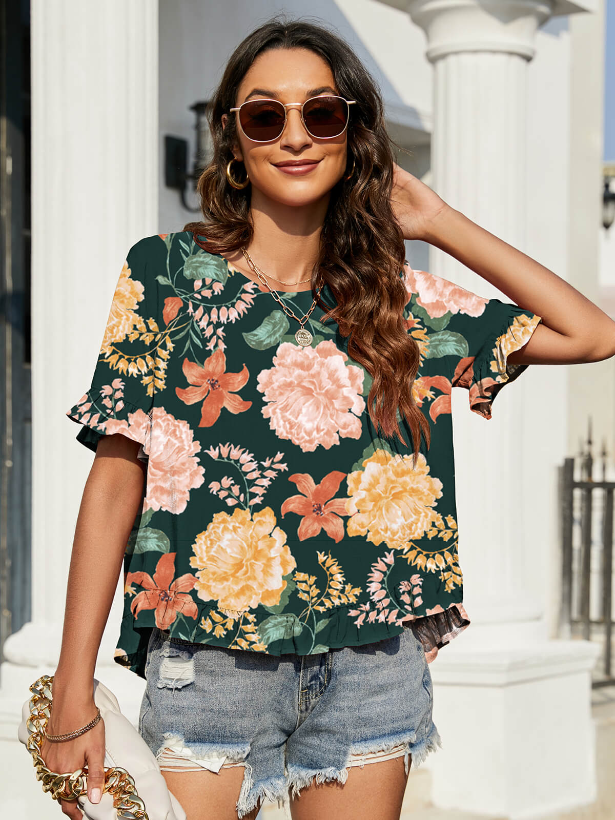 Floral Ruffled Flounce Sleeve Blouse in Turquoise, view 3