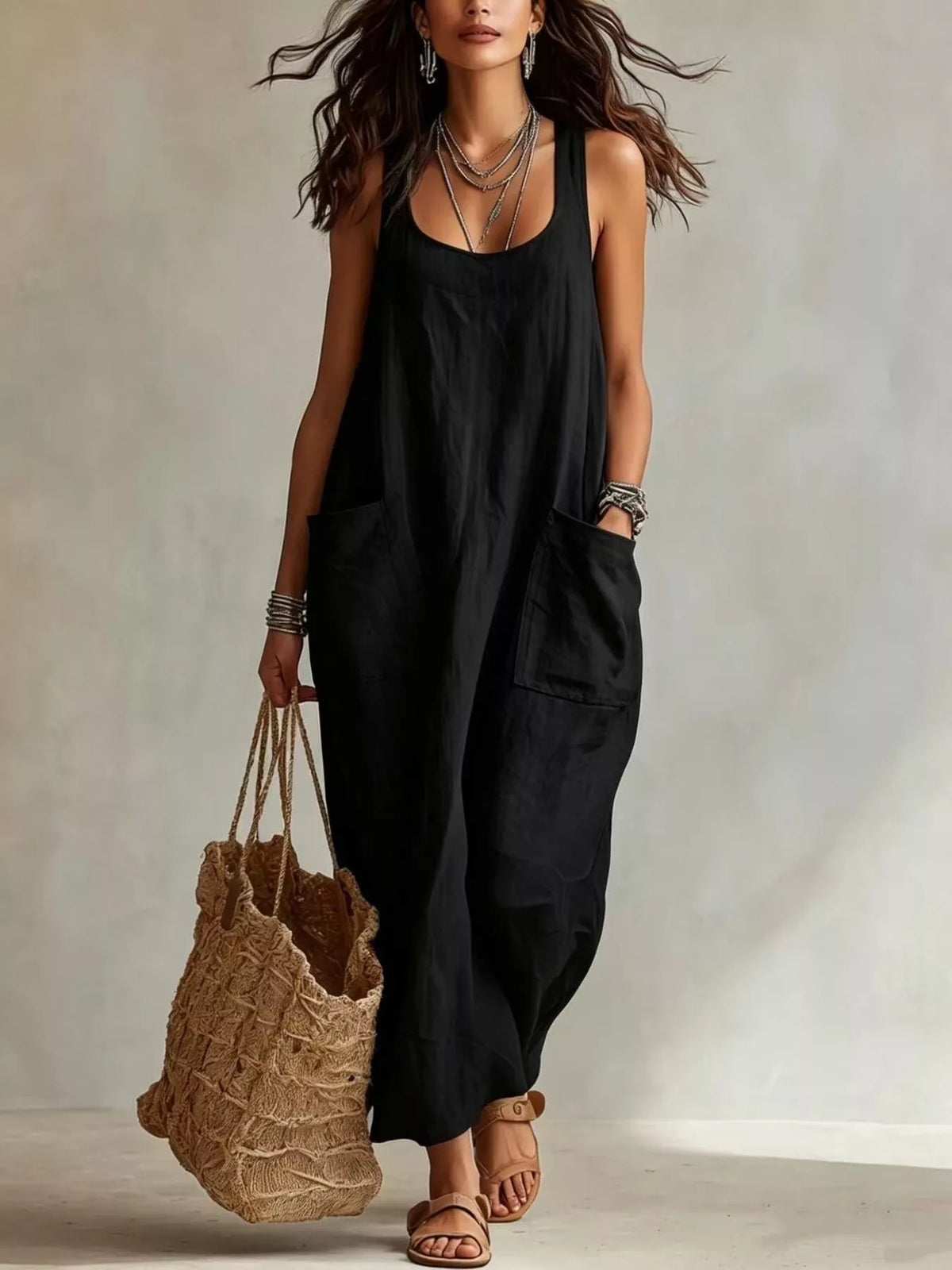 Scoop Neck Sleeveless Maxi Dress with Pockets in Black