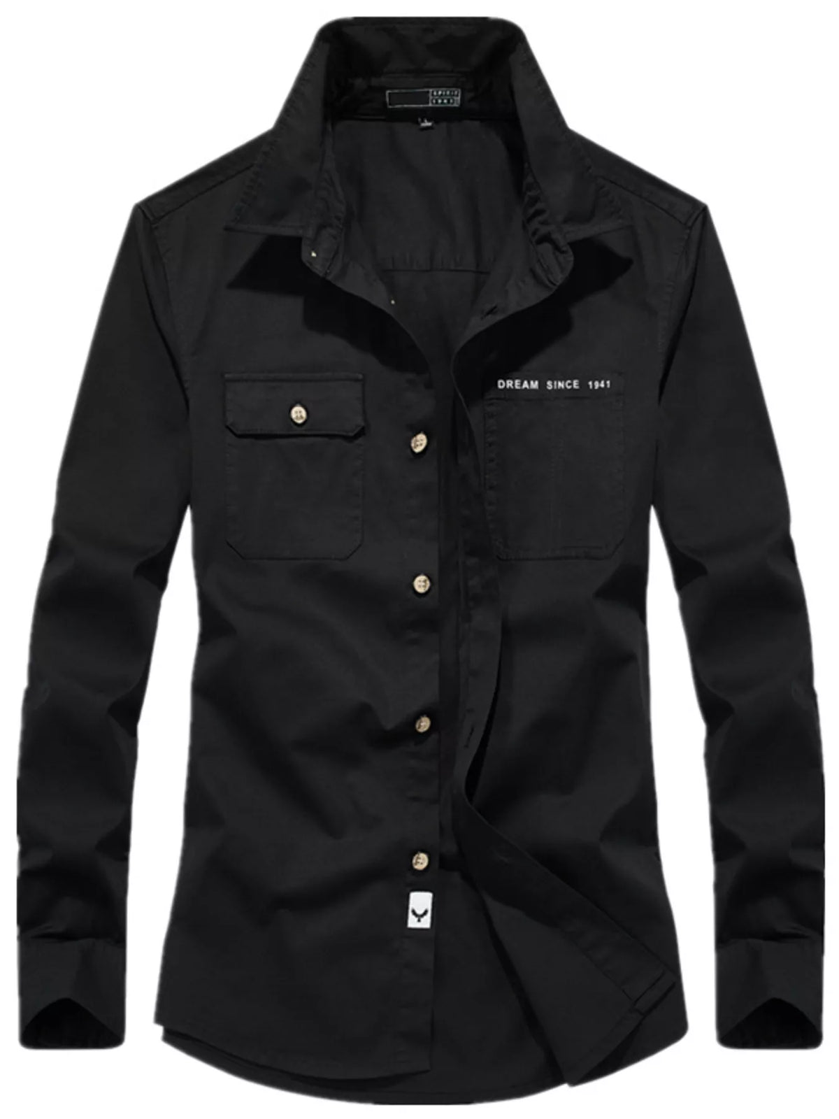Men's Plus Size Casual Long Sleeve Shirt with Dual Chest Pockets in Black