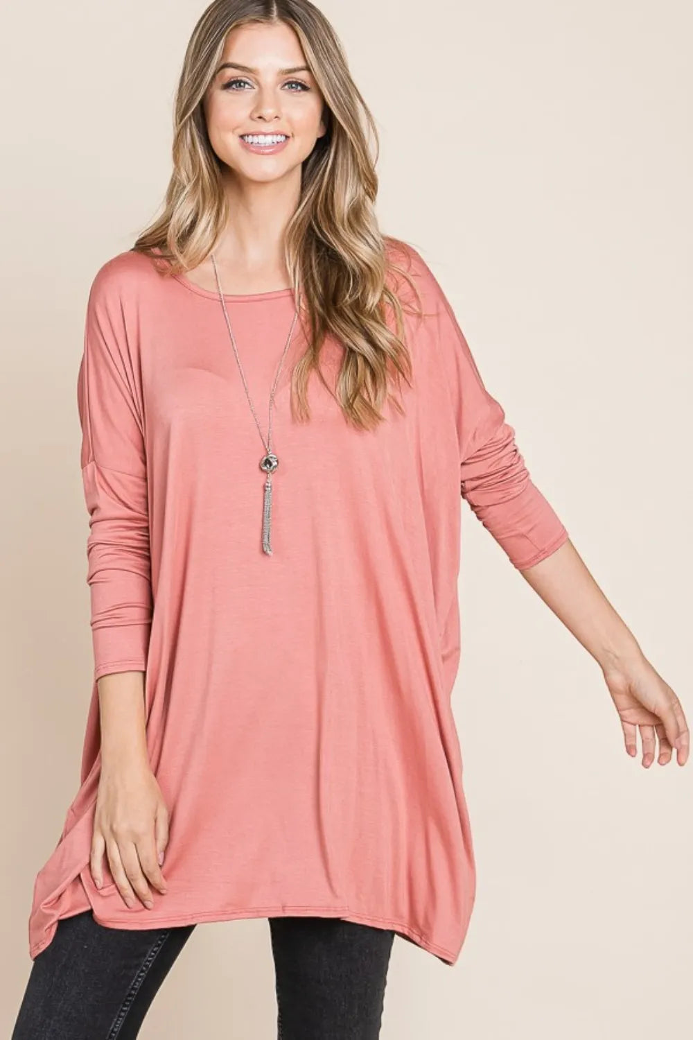 BOMBOM Round Neck Long Sleeve Oversized Top - Lilixa.store