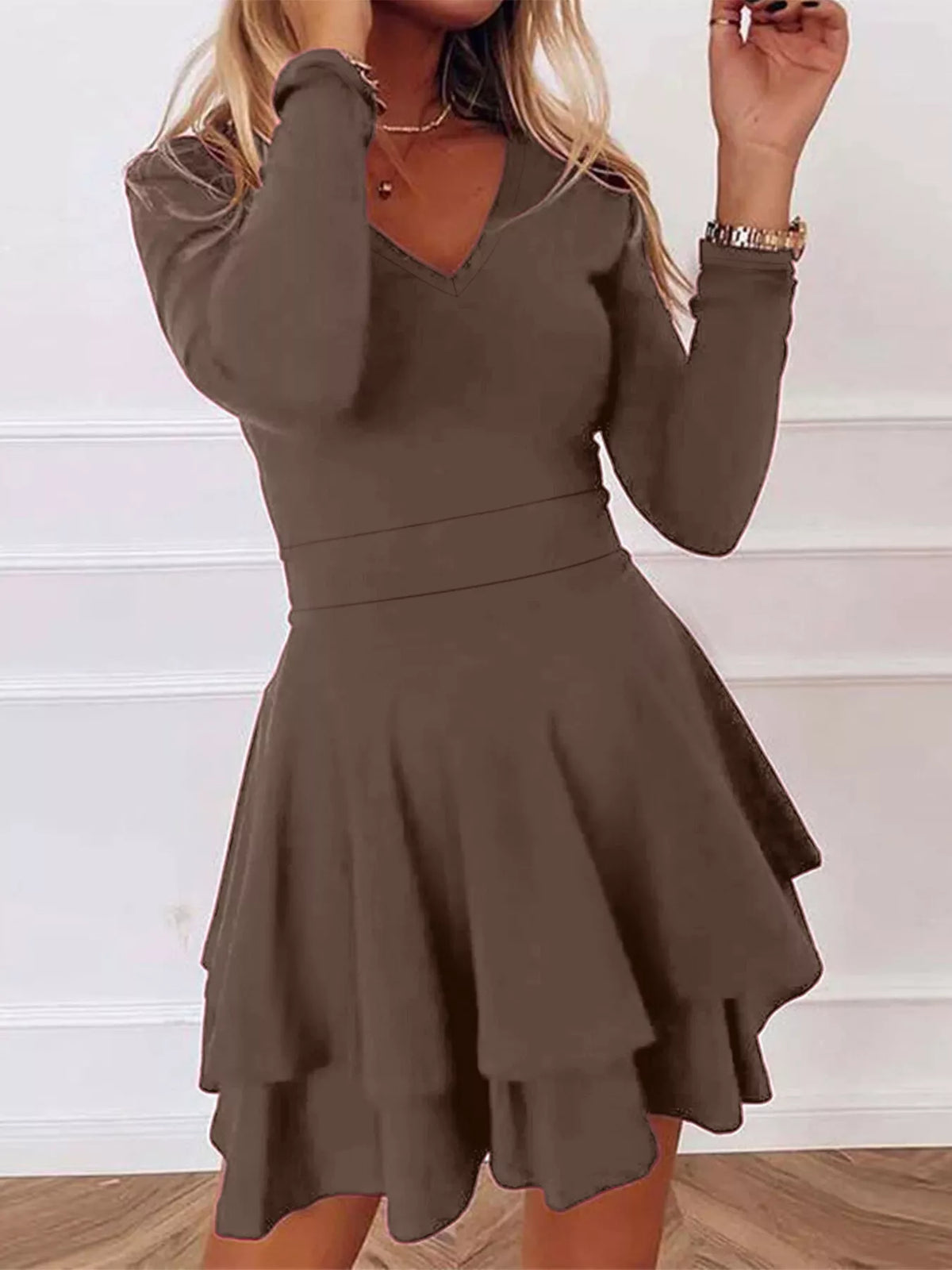 V-Neck Long Sleeve Layered Ruffle Mini Dress - Lilixa.store