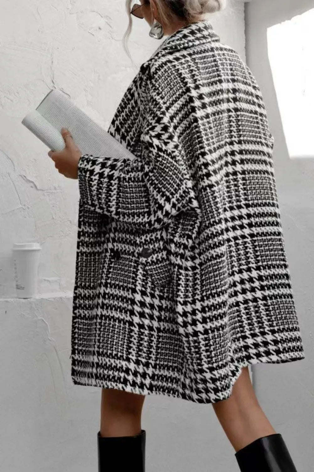 Houndstooth Collared Neck Long Sleeve Coat with Pockets, view 5