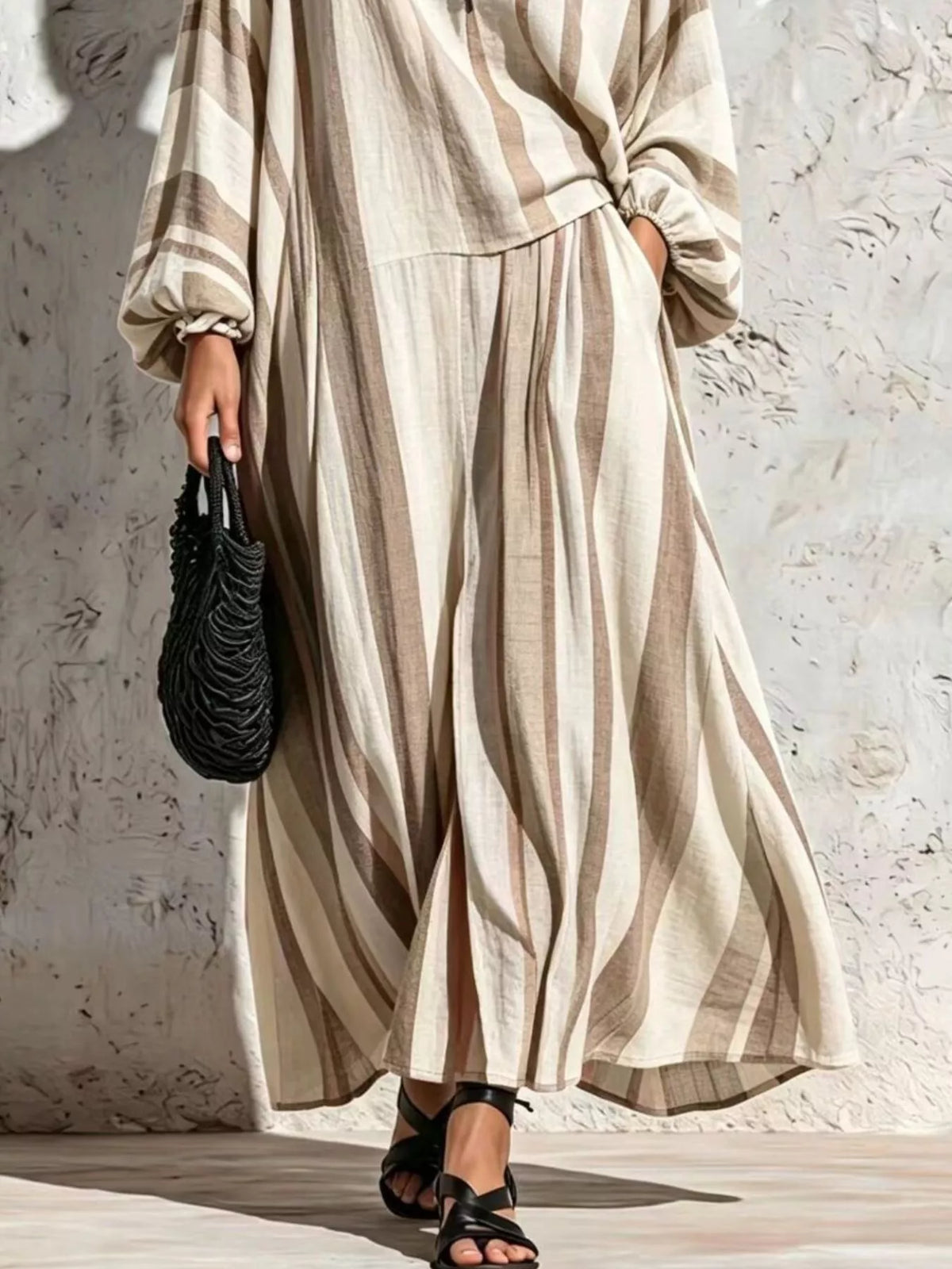 Bohemian Striped V-Neck Loose Top and Wide Leg Pants Set, view 4